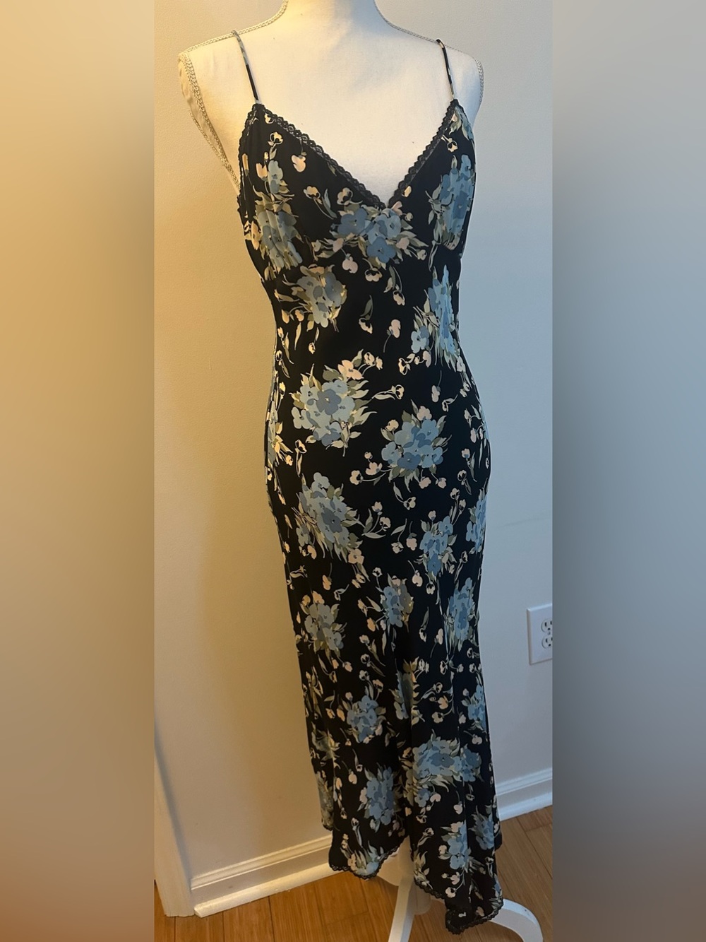 Betsey Johnson Black Slip Dress with Blue and Cream Floral Print - Picture 3 of 14